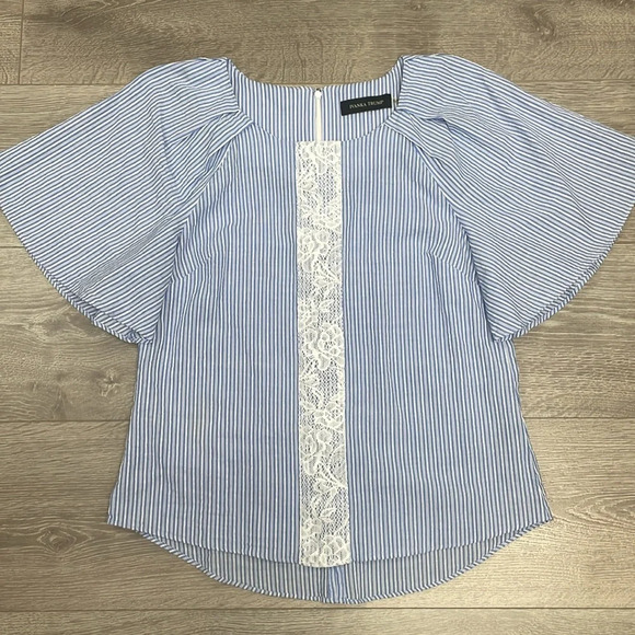 Ivanka Trump Blue and White Striped Short Flutter Sleeve Blouse Lace S - Picture 3 of 15